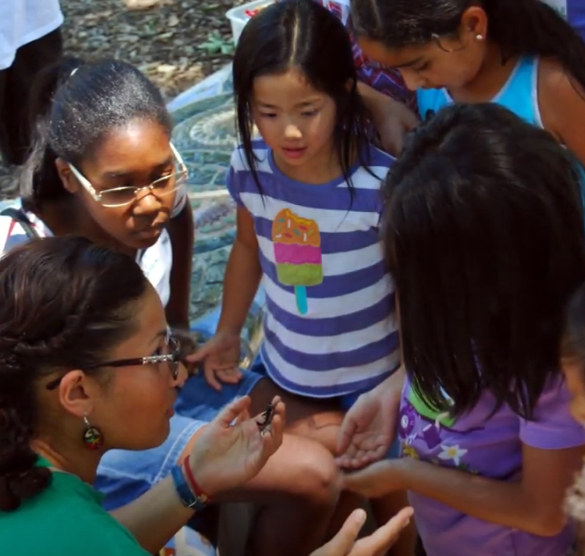 Young children look at a UC Davis student