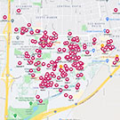 Map of campus with numerous hearts on it