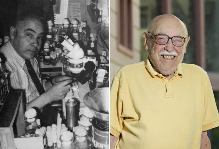 Mel Green in lab, 1967; and in front of LSB, 2011.