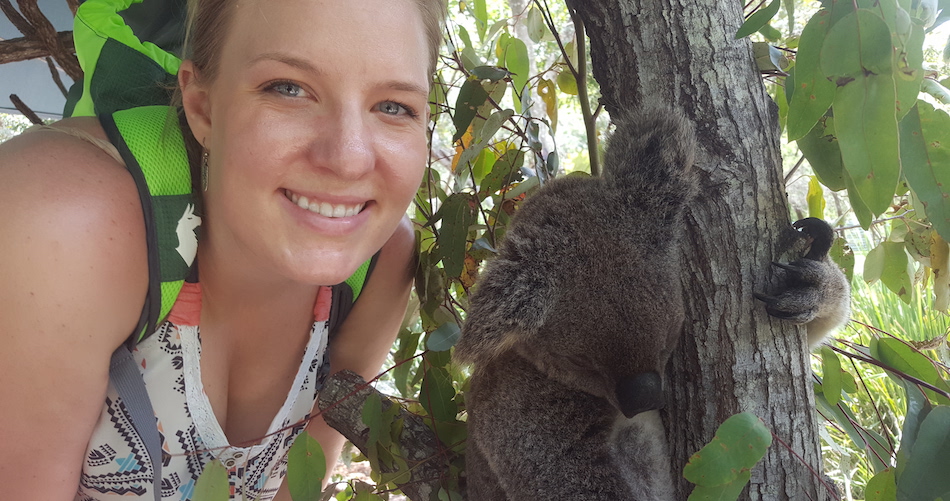 Katie Dahlhausen in Australia with a koala.