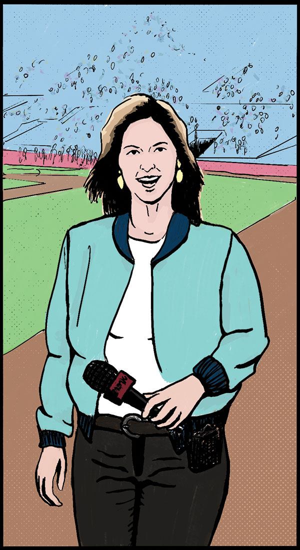 Amy-Gutierrez pen and ink portrait of a woman standing on a baseball field holding a microphone