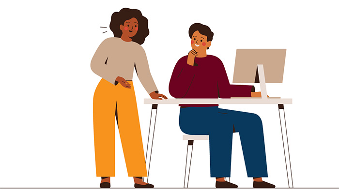 Face-time Illustration of two people talking, one at desk in front of computer