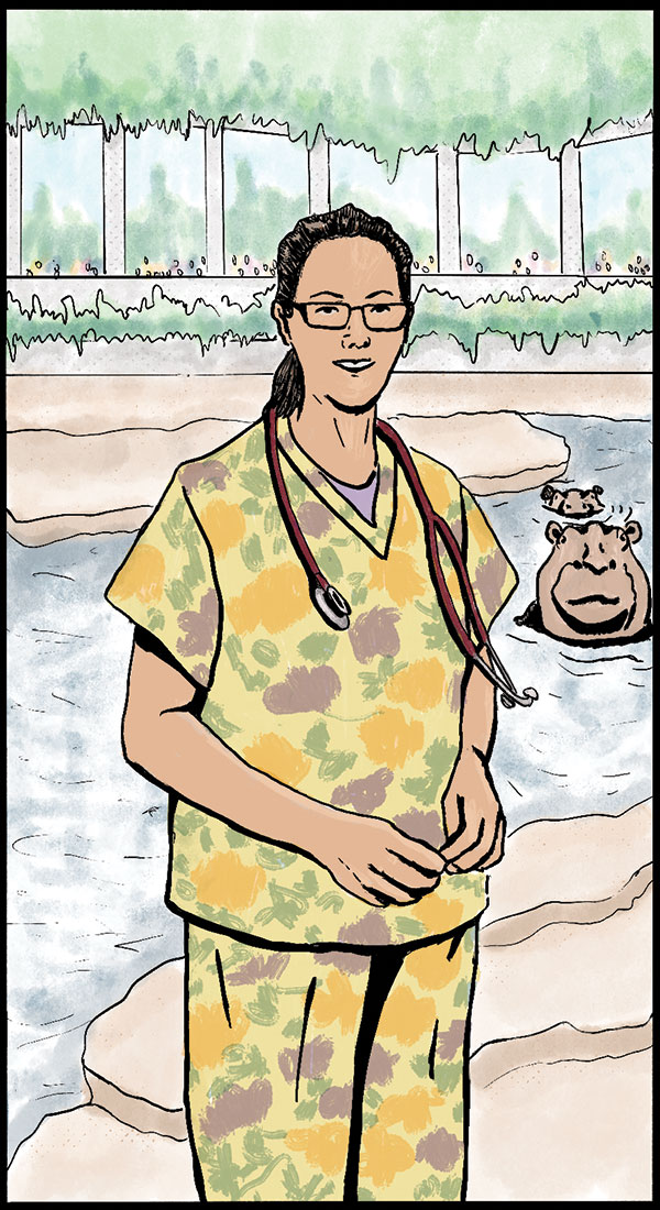 Lucy-Spelman pen and ink portrait of a woman wearing animal-print scrubs and a stethoscope, and standing in front of a hippopotamus zoo enclosure.