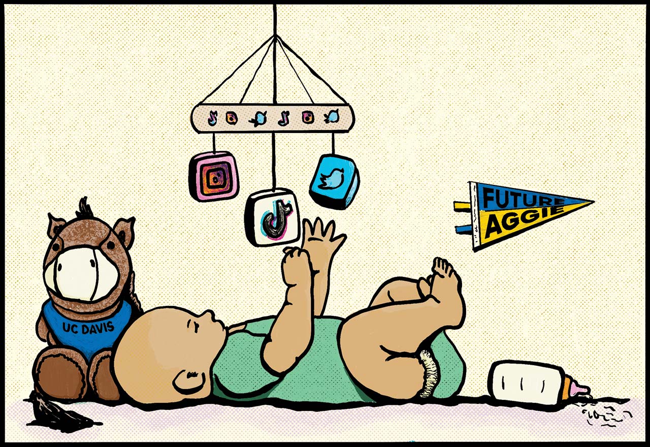 baby-tech pen and ink illustration of a baby playing with a mobile featuring logos from social media companies. A baby bottle, Gunrock mascot toy and Future Aggie pennant are in the background