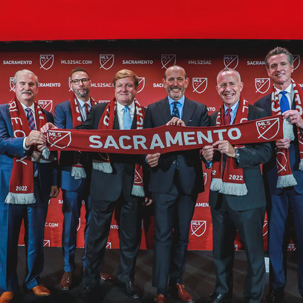 group-photo-sac-republic-press-conference-web Left to right: Kevin Nagle, Sacramento Republic FC Chairman and CEO; Matt Alvarez, film producer and Republic FC part-owner; Ron Burkle, private equity investor and Republic FC part-owner; Don Garber, MLS commissioner; Sacramento Mayor Darrell Steinberg, J.D. ’84; Gov. Gavin Newsom