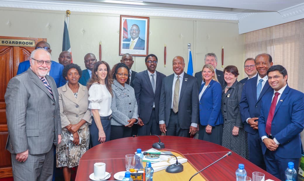 Group of 16 people from the U.S. and Kenya stand smiling in suits around a business table