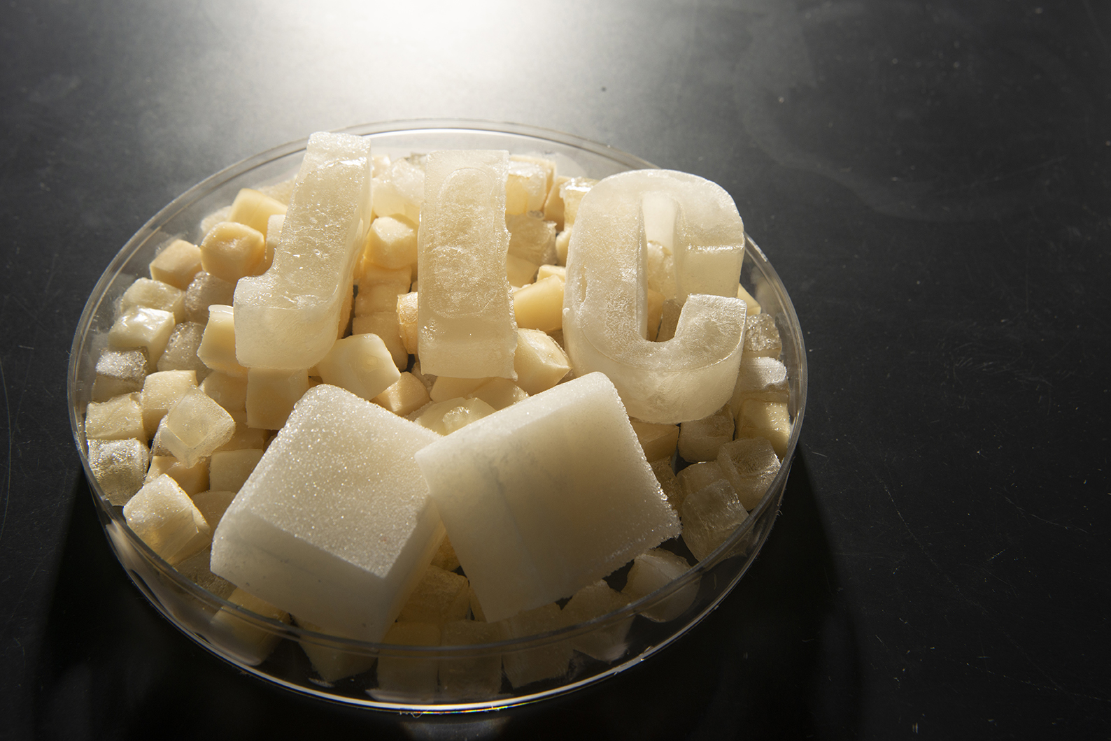 Jelly ice cubes in a small clear bowl