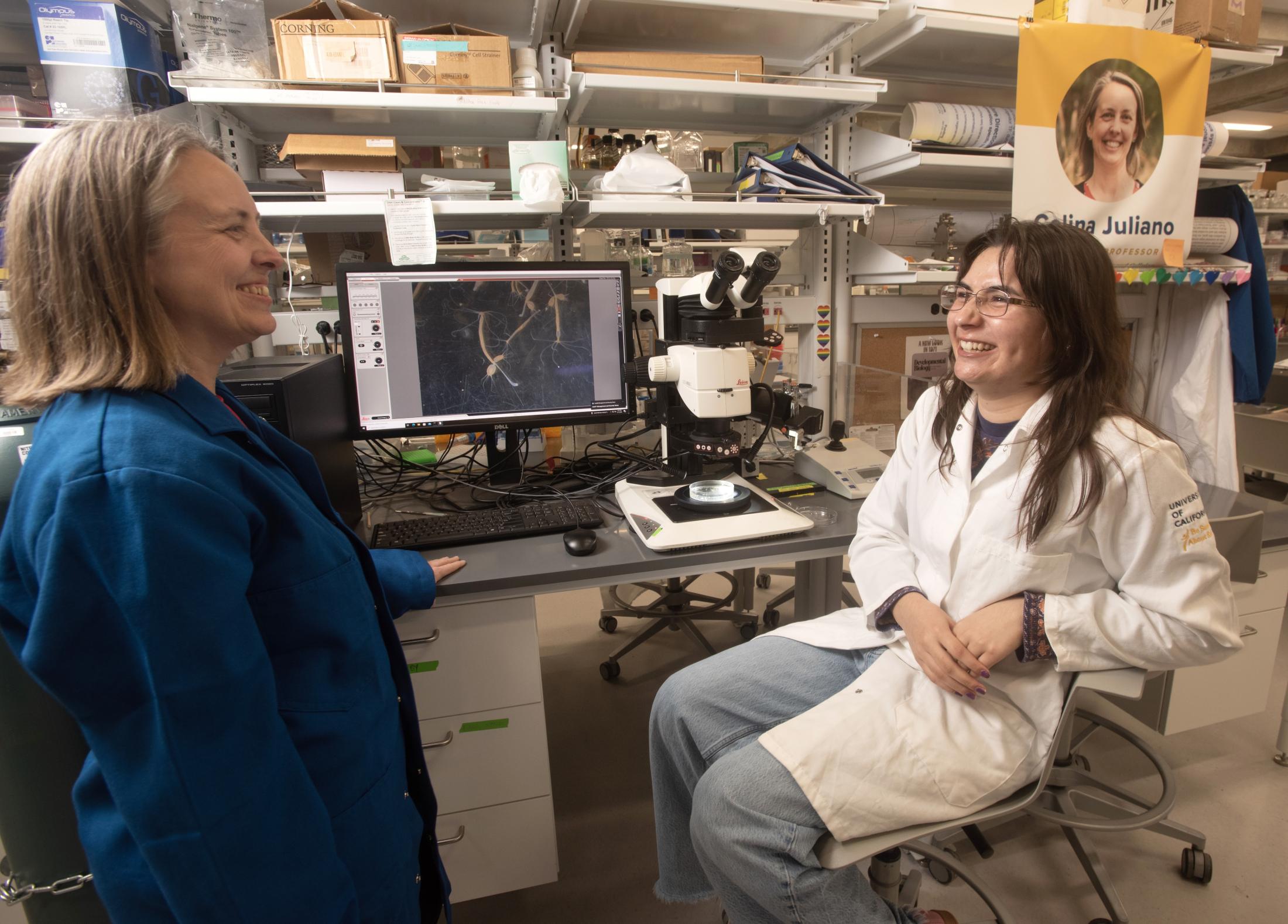 Undergraduate researcher in a white lab coat speaks with a faculty member beside a microscope and computer that displays magnified images inside a campus laboratory in Briggs Hall.