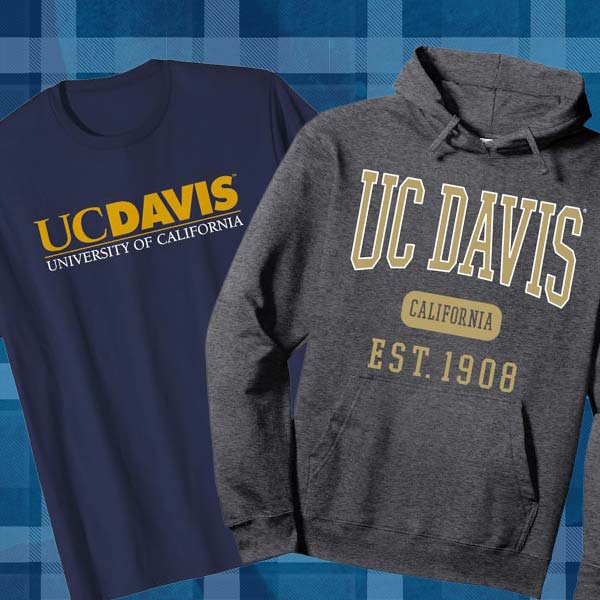 against an Aggie Blue backdrop, a branded UC Davis t-shirt and hooded sweatshirt are depicted.