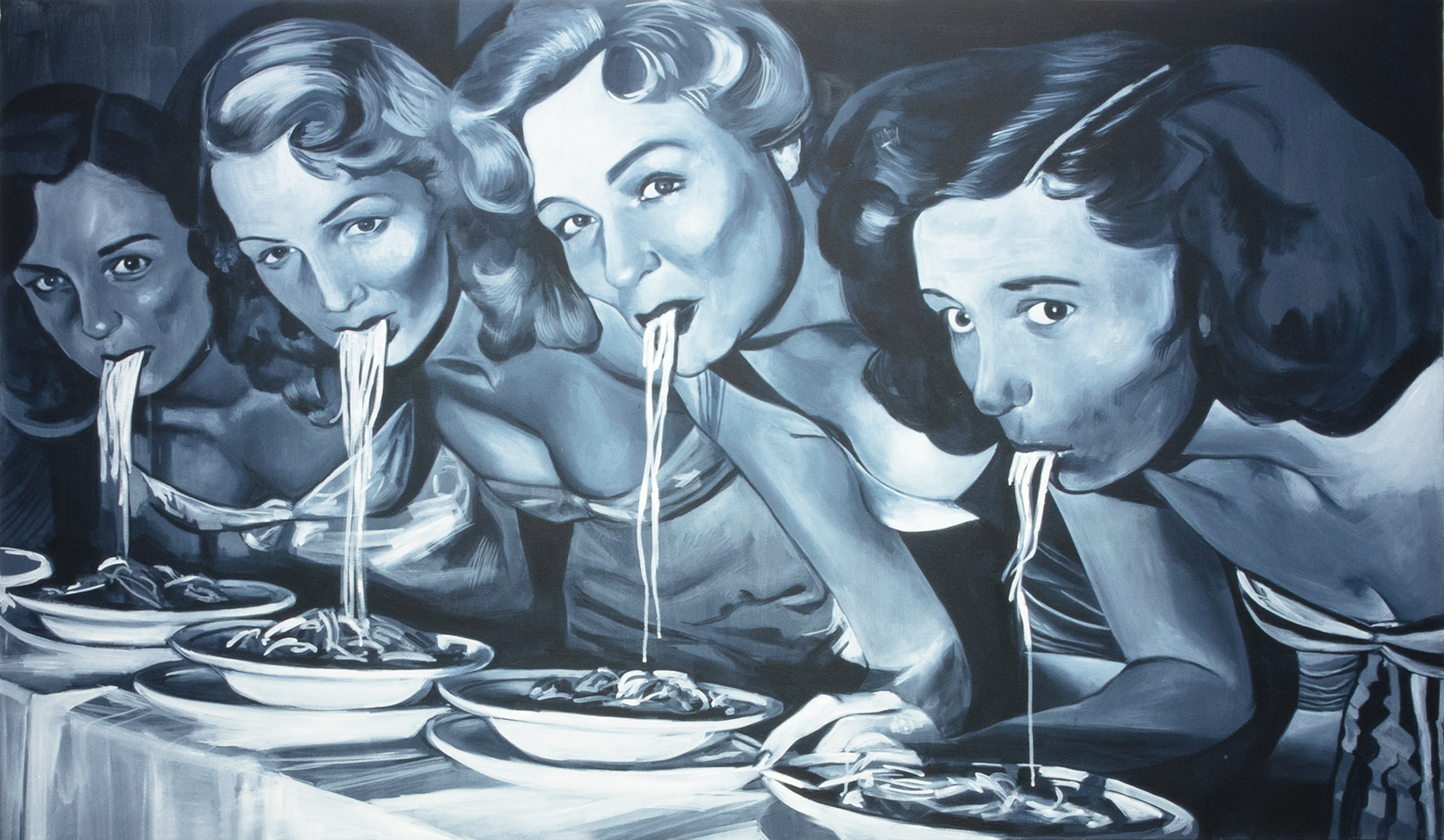 Artist's depiction of women sitting in a row eating pasta