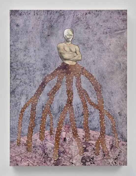 artwork of man figure in interpretational skirt-shaped figure