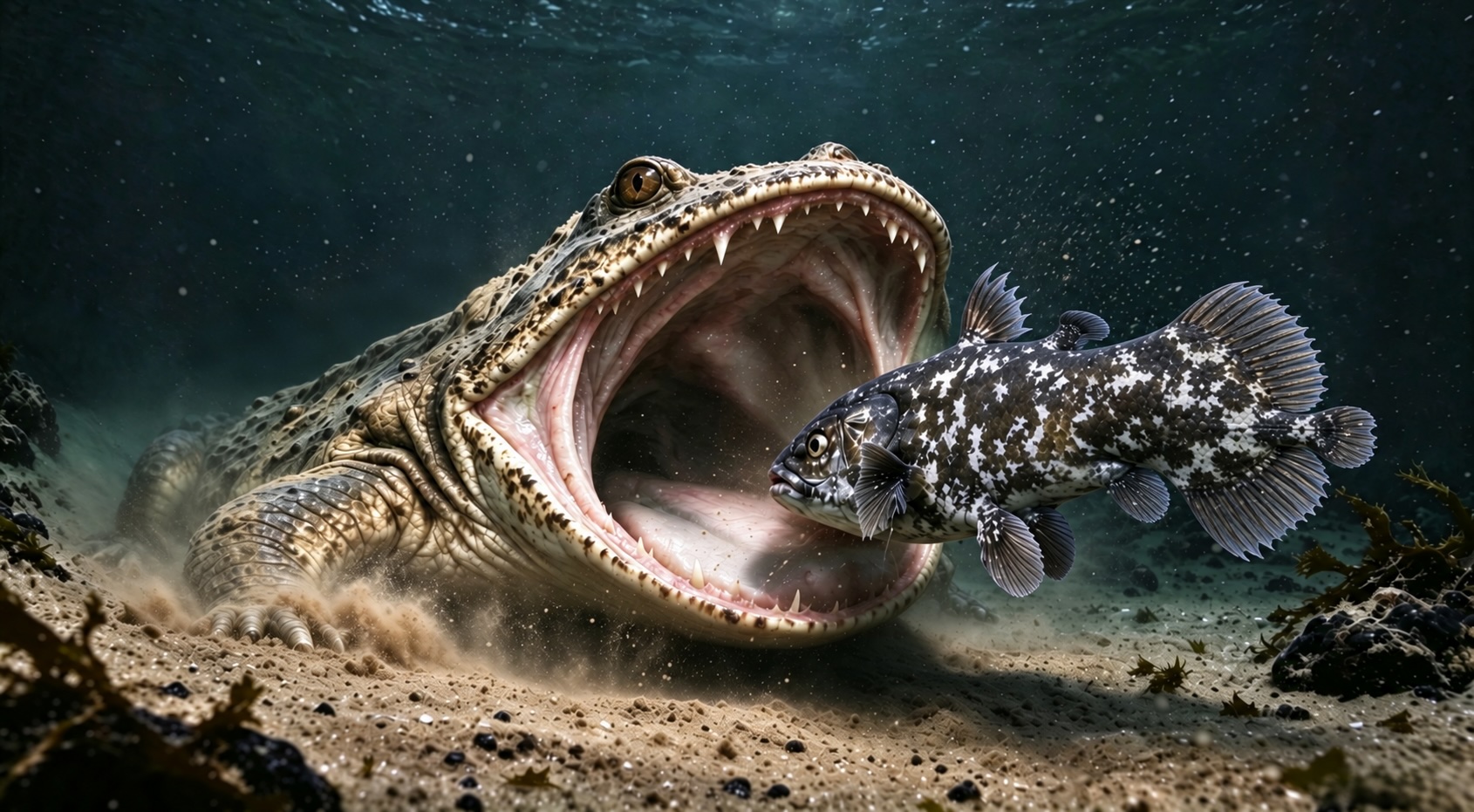 Illustrated rendering and underwater ocean scene of a huge predatory amphibian with gaping mouth facing a small spotted fish