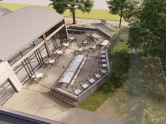 A mock up photo from an overhead point of view shows an expanded outdoor patio on a college campus. It includes tables and diner style seating surrounded by trees and near the UC Davis main quad.