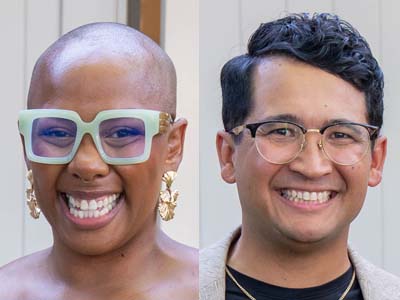 Two smiling headshots: woman with mint glasses and gold earrings; man with dark hair and glasses
