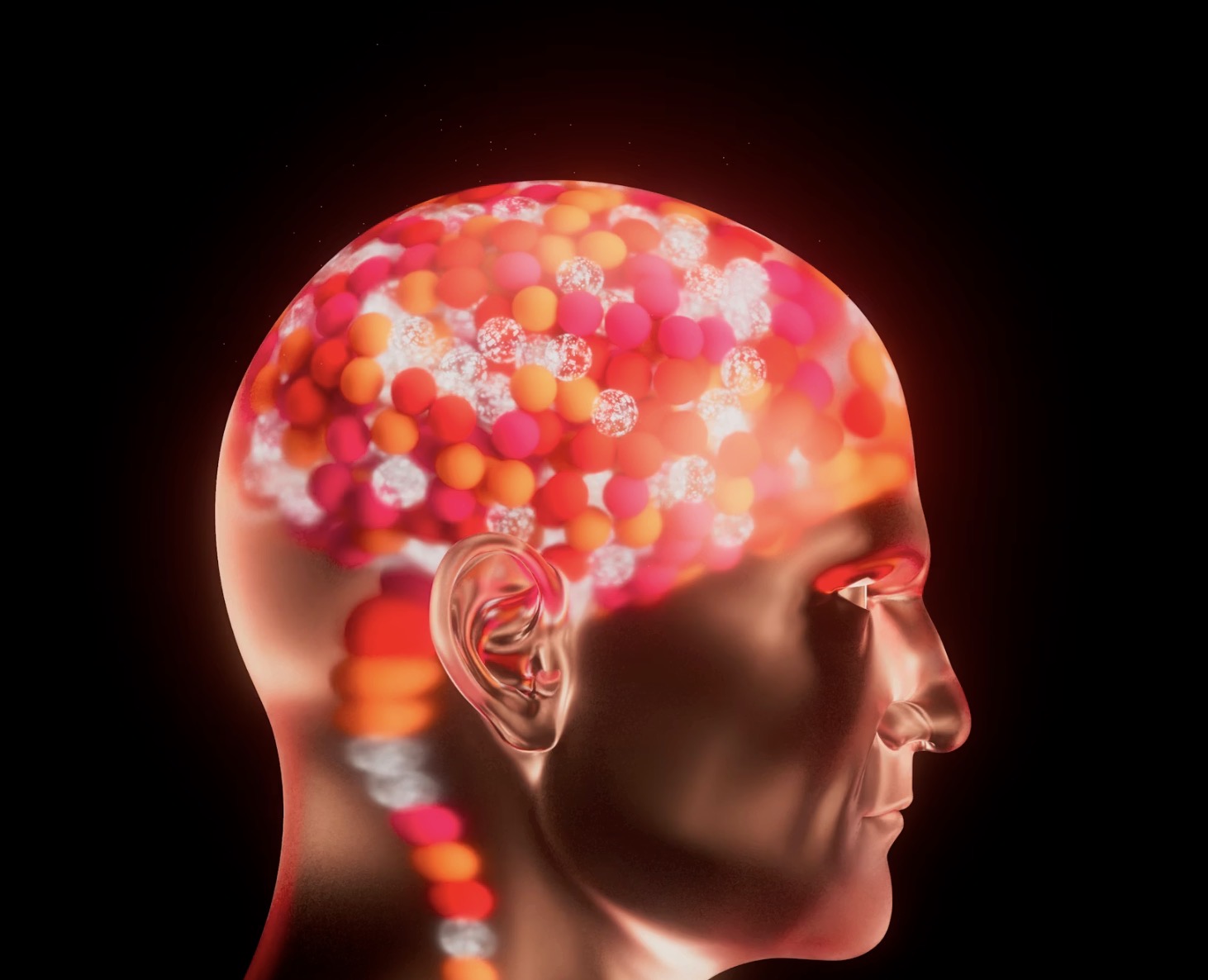 3D render of translucent head profile with colorful pills filling the brain