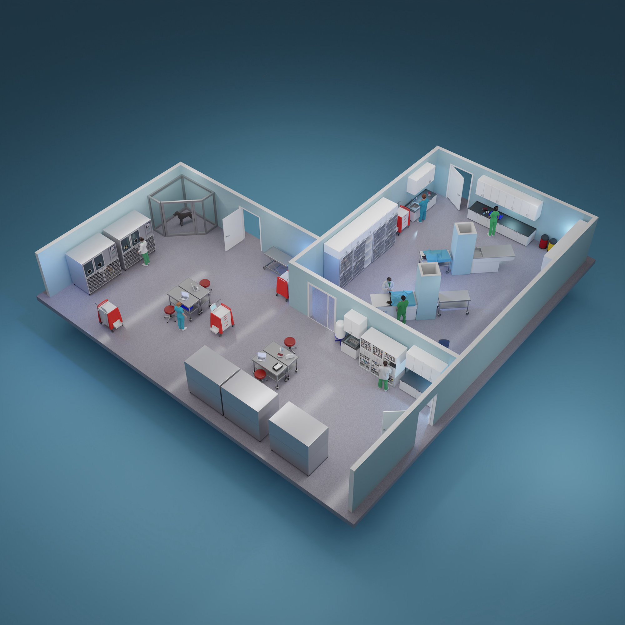 Interior rendering of the new ER/ICU of the UC Davis Veterinary Medical Teaching Hospital. The gray and blue model shows a V-shaped interior with architectural detail. The new ER/ICU will open on May 3, 2023. (UC Davis School of Veterinary Medicine)