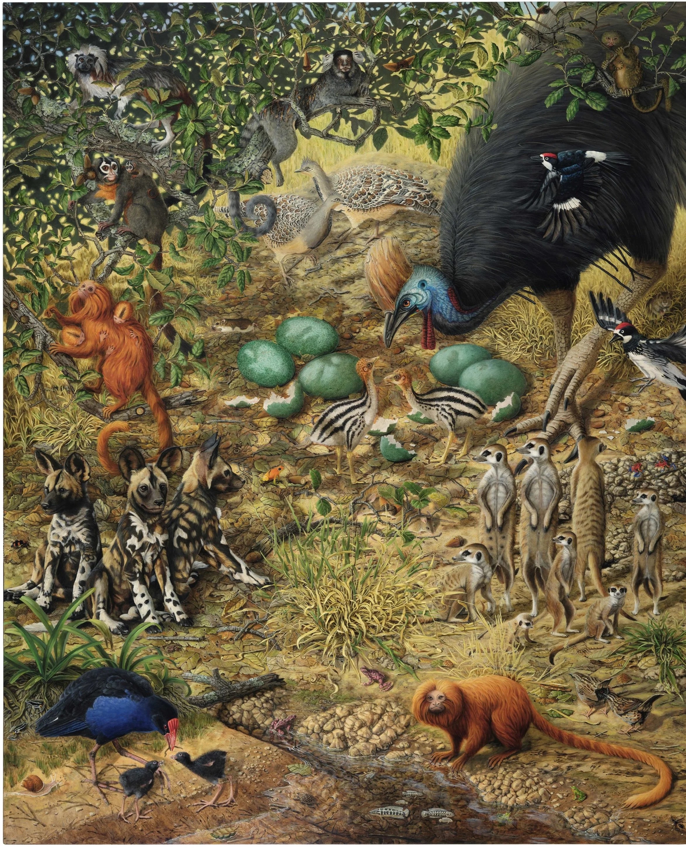 Painting with numerous animal species that have male caregivers