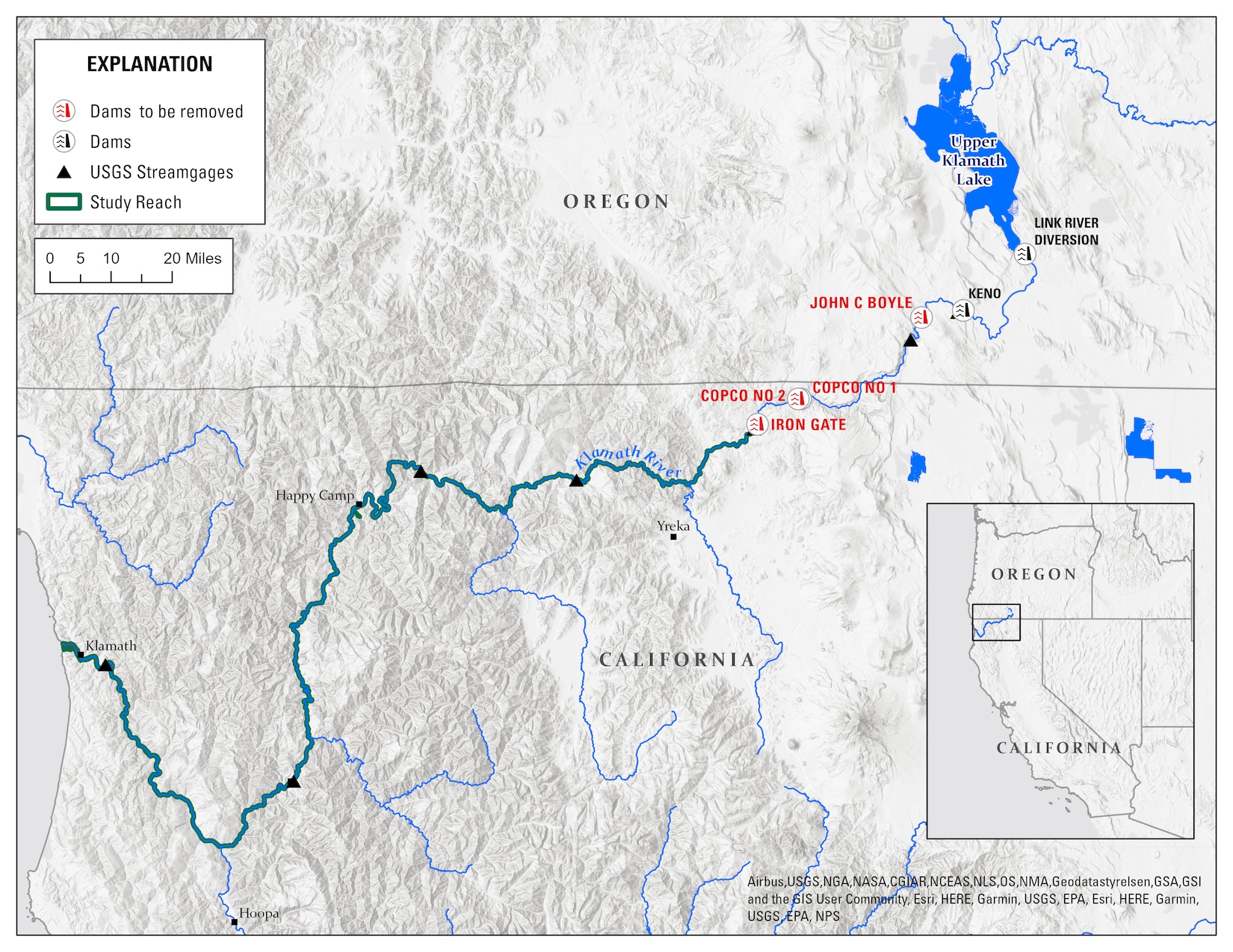 Map of northern Californa and southern Oregon pinpointing dams being removed on the Klamath River.