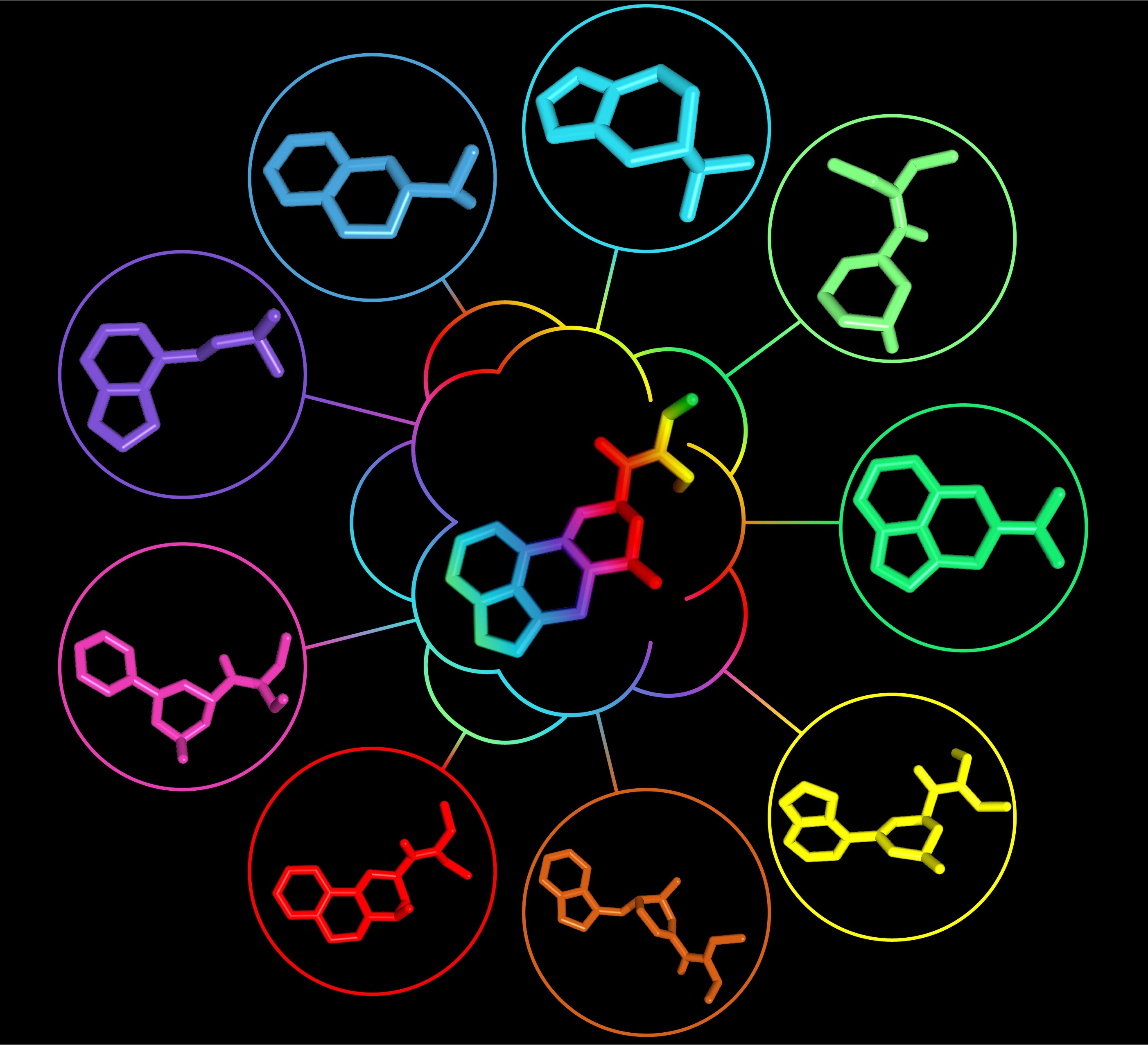Neon graphic of chemical ring structures forming a central hub with surrounding circles