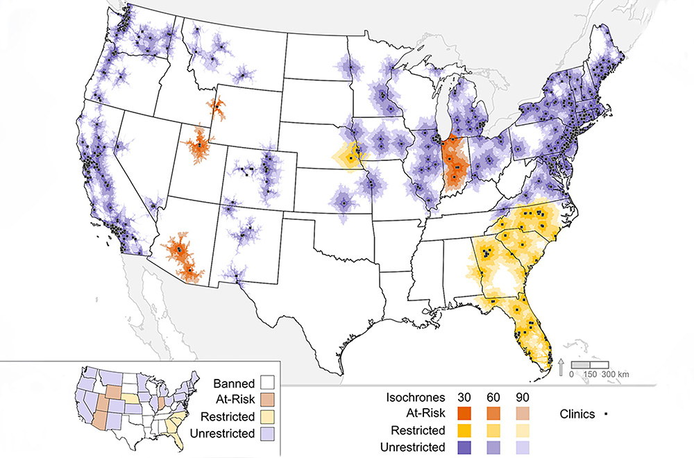 U.S. map showing color-coded driving distances 