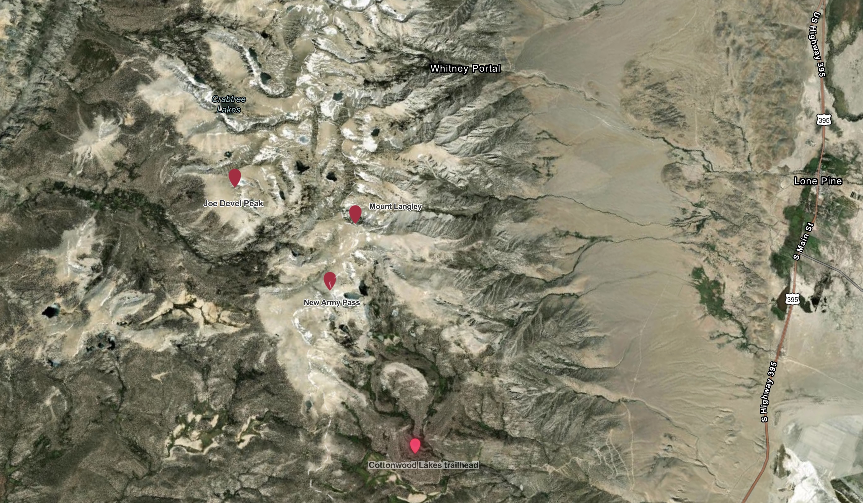 Map of Whitney Portal area of Sierra Nevada mountains with 4 red dots at Mount Langley, Joe Devel Peak, Cottonwood Lakes trailhead and New Army Pass