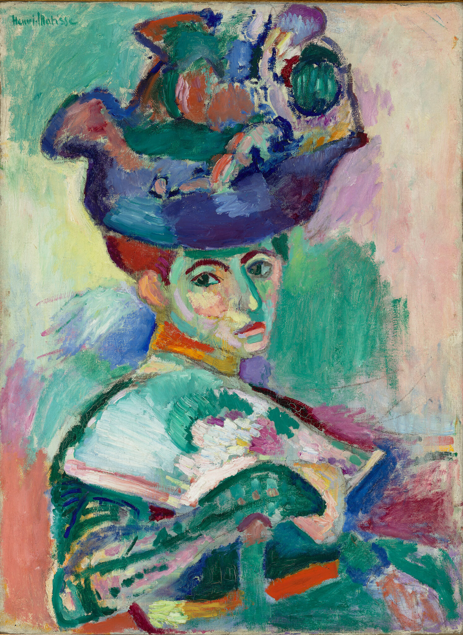 Oil painting portrait of a woman wearing a large, vibrant hat and patterned shawl