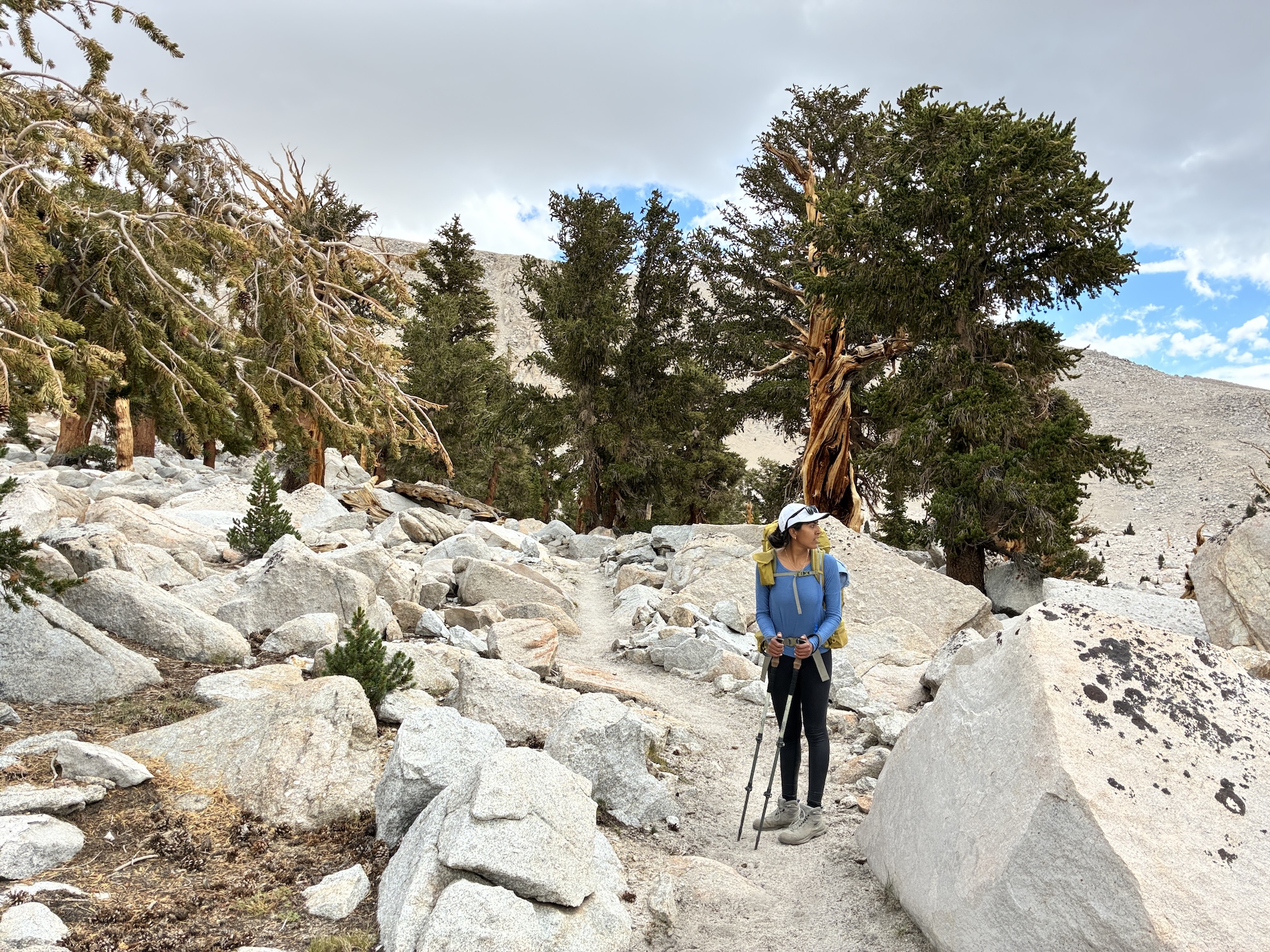 Sachi Srivastava in blue shirt and hiking pants and trekking poles stands near granite boulders along a trail in the Sierra Nevada mountains