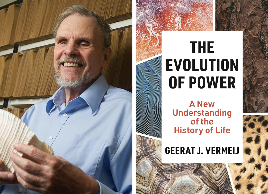 Book cover of "The Evolution of Power." Features pictures of organisms; Headshot of Geerat Vermeij