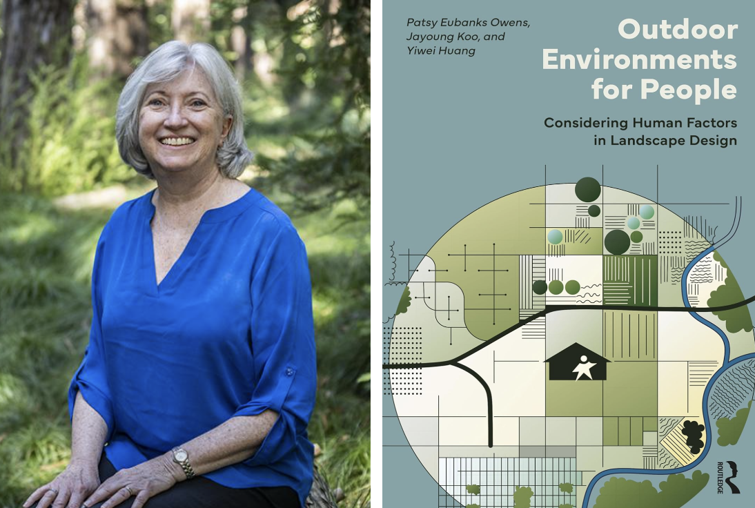 Book cover of "Outdoor Environments For People." Features a green blueprint artistic design; Headshot of Patsy Eubanks Owens