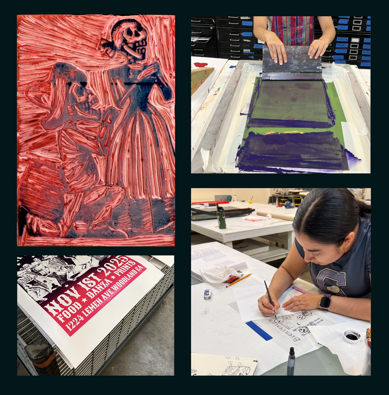 a four-image collage of silkscreened posters and their creation inside a studio setting.