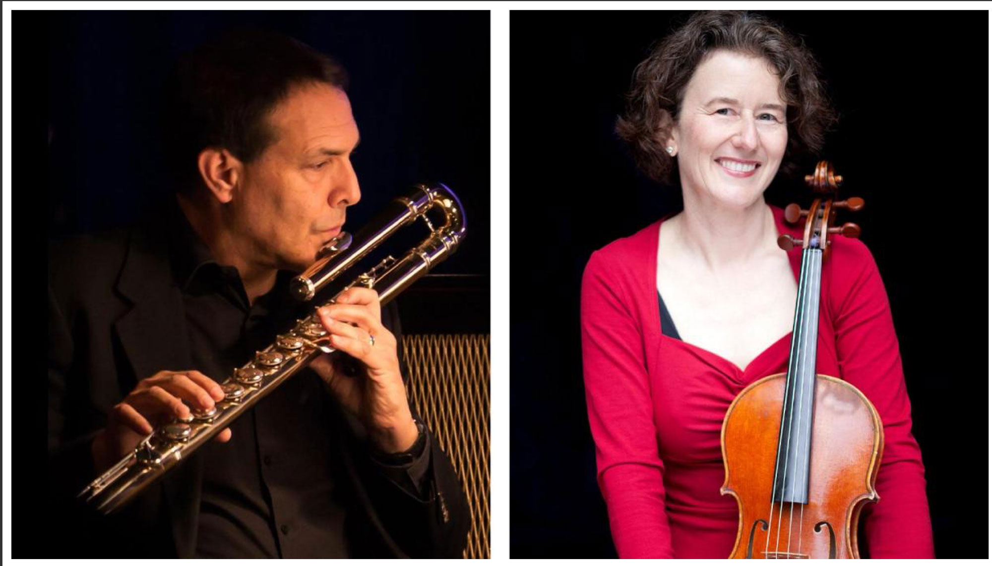 A man plays the flute on the left; a woman smiles while holding a viola on the right.