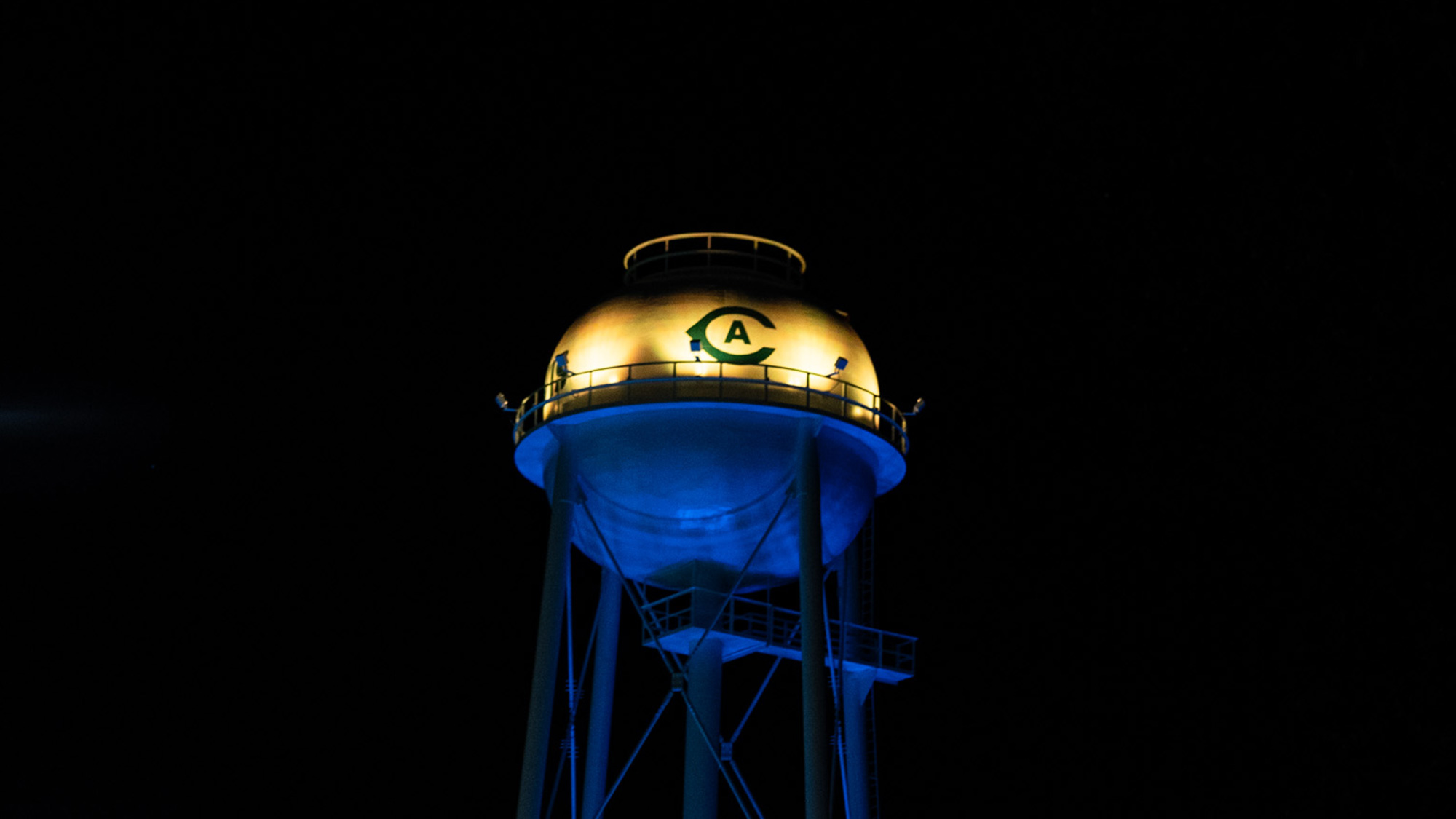 Tower is lit at night