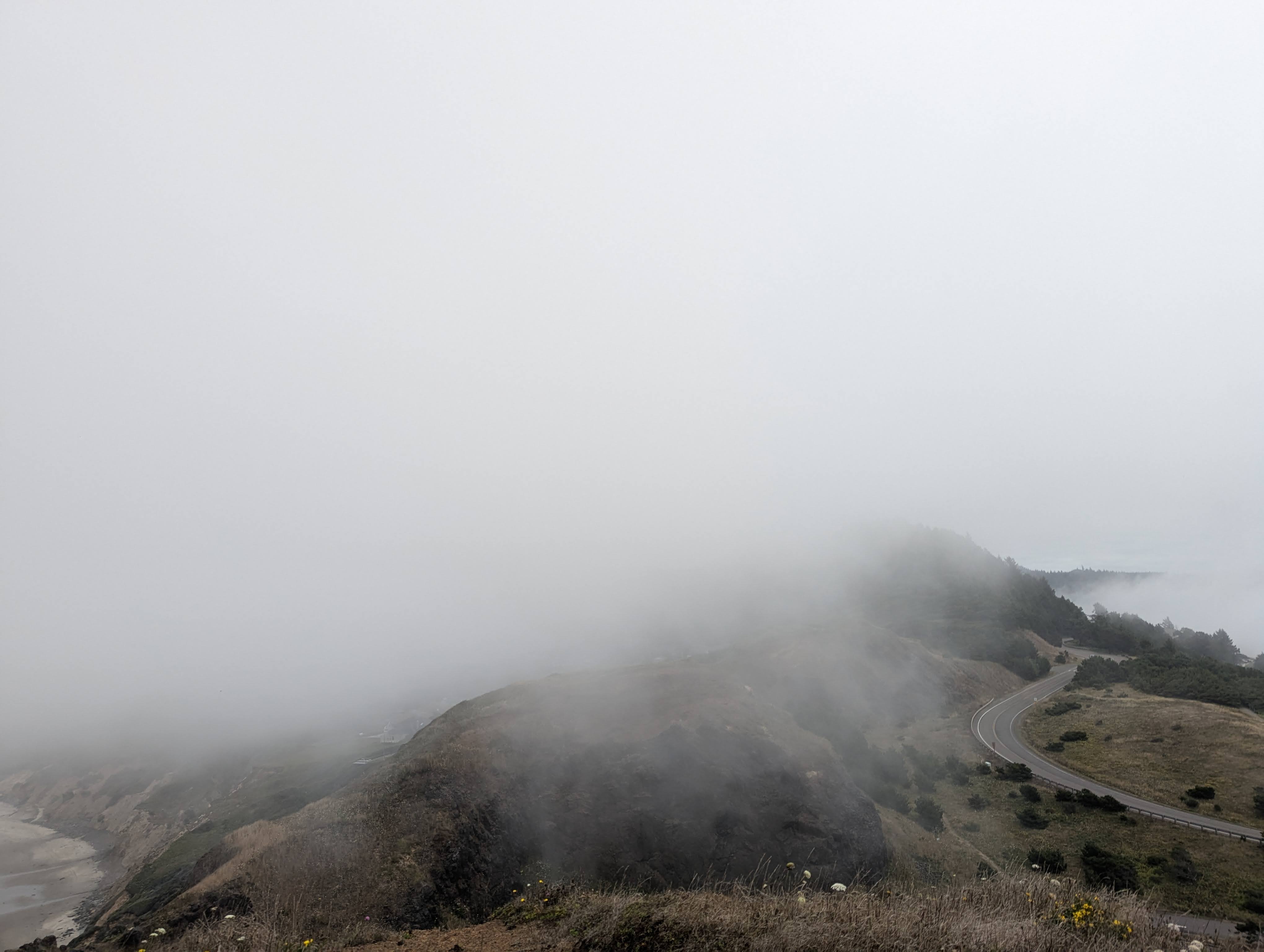 Fog-shrouded coastal road winding past misty cliffs and low scrub