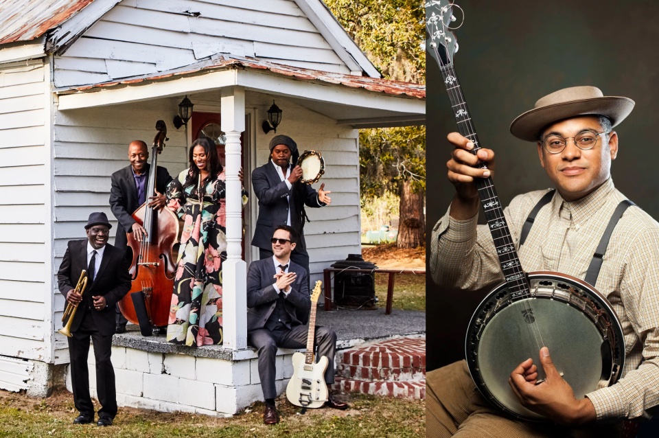 Band photographed on weathered house portch and invidual photo of member