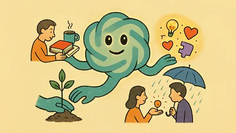 AI-generated drawing of the ChatGPT logo with a smiley face on it and arms extending to hand a book to someone, plant a tree, give ideas, and shield someone from the rain with an umbrella.