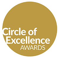 Gold circular logo with white text 'Circle of Excellence Awards'