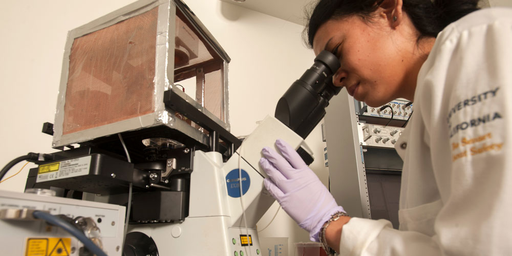 A latina student using a microscope