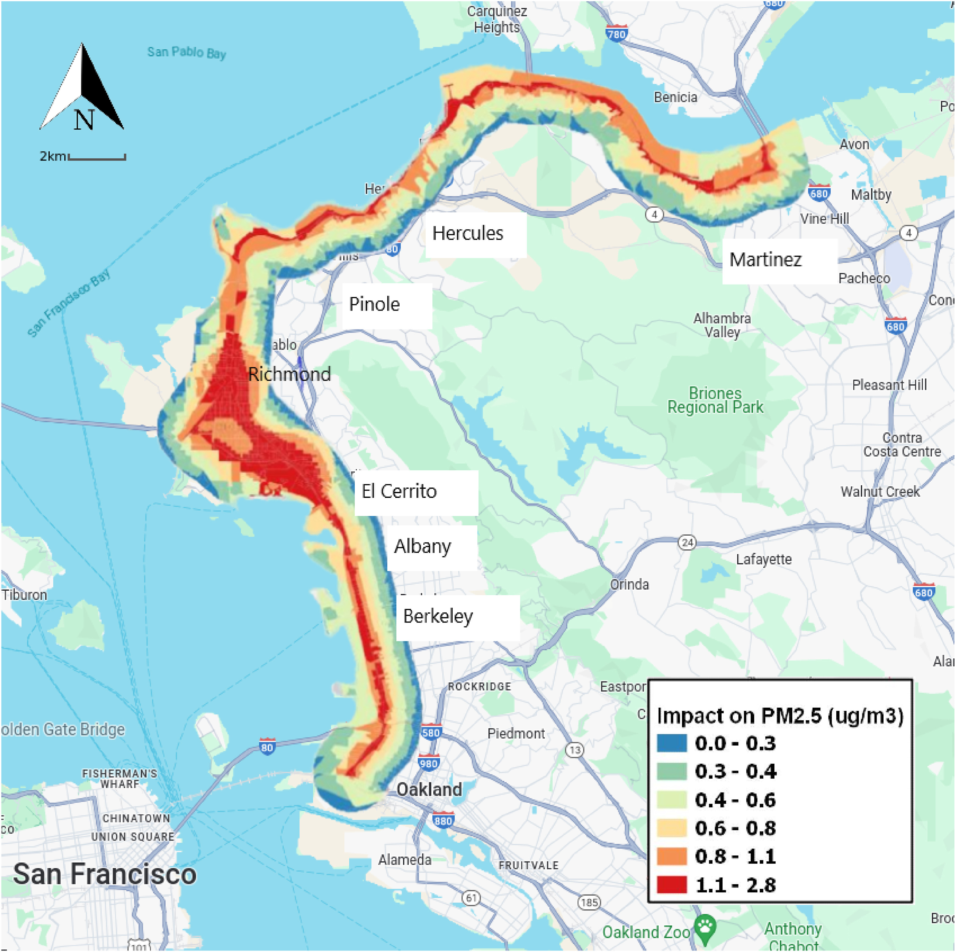 Map of San Francisco Bay Area showing PM2.5 pollution associated with increases in coal train pollution