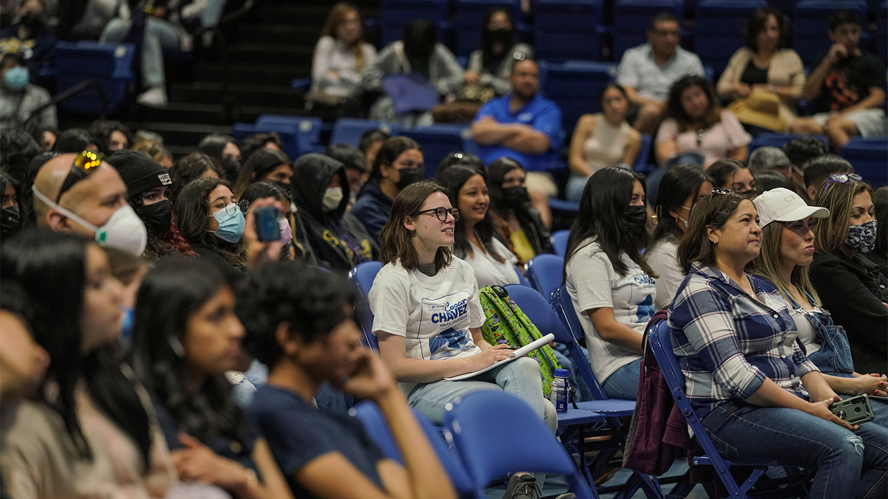 Melissa Miller sits among a large audience.