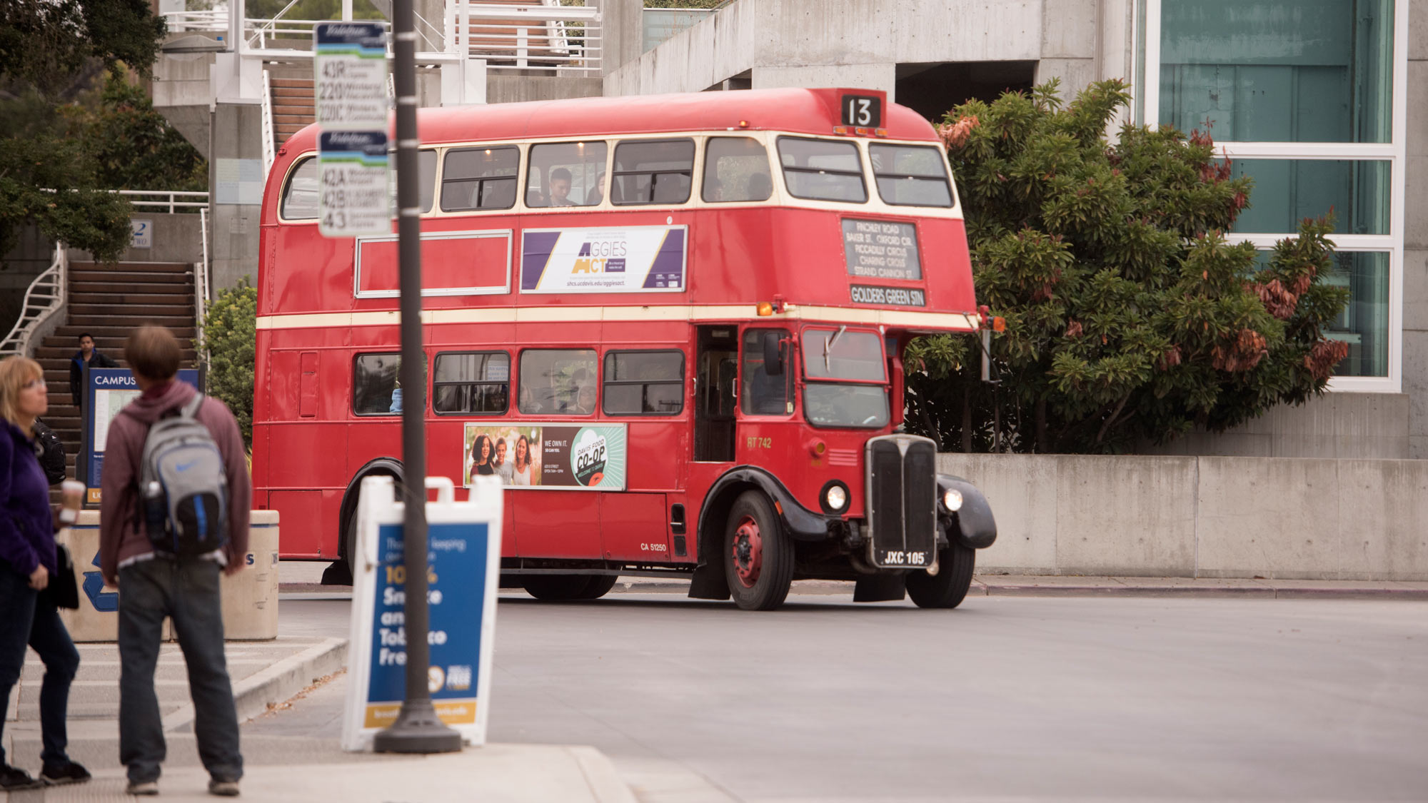 Vintage double-decker turns into the Memorial Union Terminal