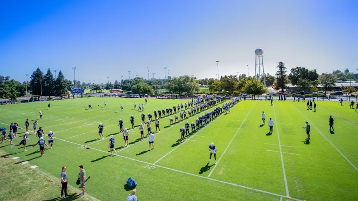 Aerial view of football practicing on bright green field