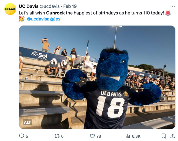 Tweet with photo of Gunrock in stands at football game with text: Let's all wish Gunrock the happiest of birthdays as he turns 110 today! 🎂🥳 @ucdavisaggies