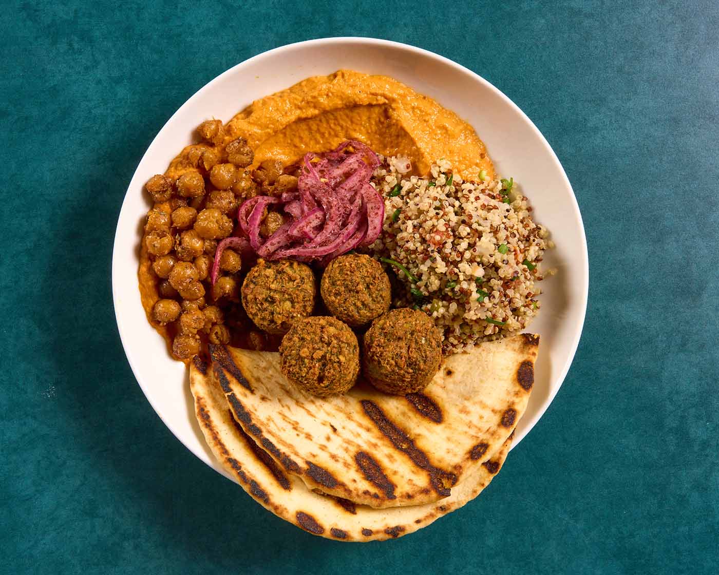 Overhead photo shows falafel plate