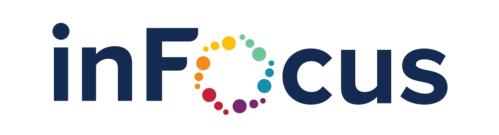 In Focus logo with a colorful aperture on the o of the word