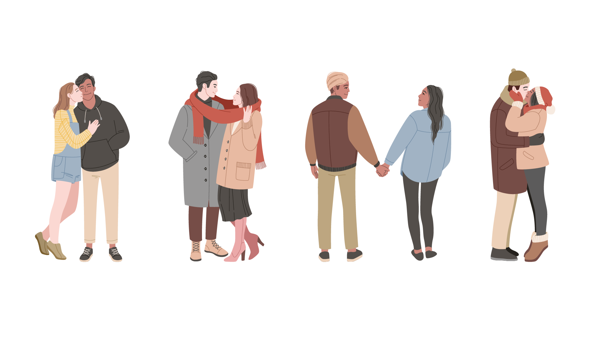 Flat vector illustration of four diverse couples hugging or holding hands