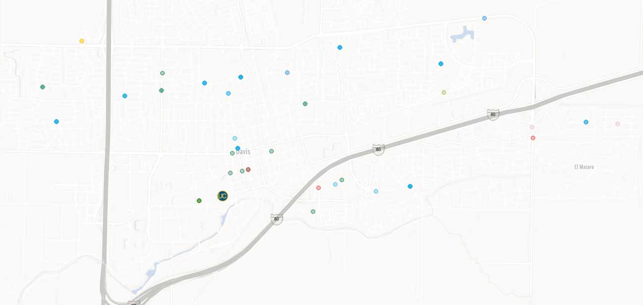 Map with dots around Davis