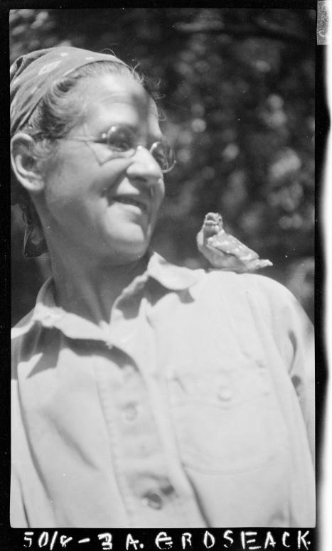 Ynes Mexia looking at a bird on her shoulder 