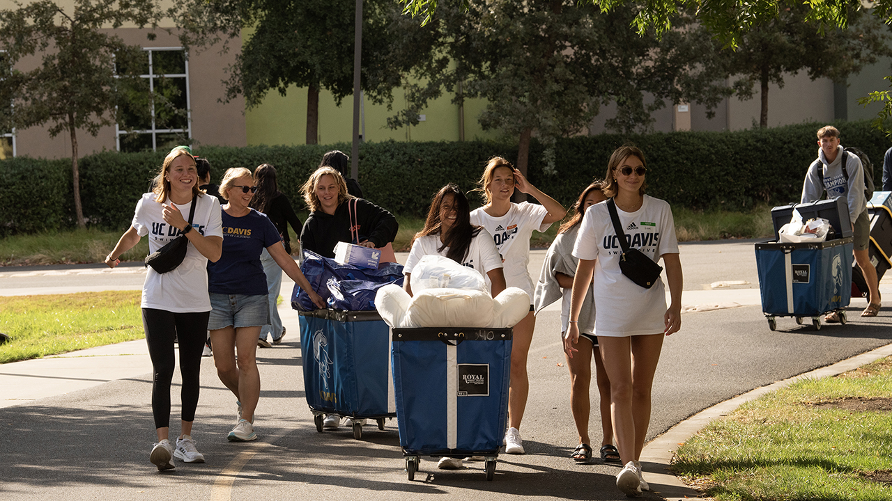 Students, parents and volunteers push carts with things they are moving into residence halls.