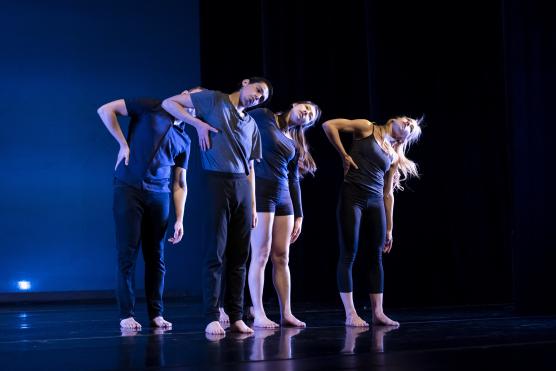 Performers on stage in shadow.