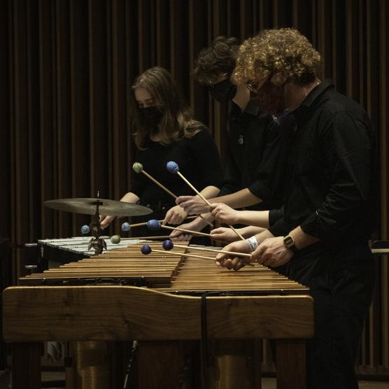 Musician playing percussion instrument on darkened stage